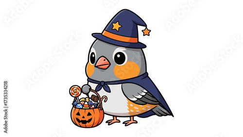 Halloween Bird Delight: An adorable bird dressed in a festive witch's hat and cloak joyfully holds a carved pumpkin basket filled with tempting candies, celebrating the spooky spirit of Halloween. 