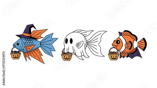 Spooky Fishy Trio with Halloween Treats: Three whimsical fish, each playfully adorned in Halloween costumes, joyfully carry tiny jack-o'-lantern treat buckets, bringing festive fun.