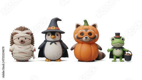 Spooky Halloween Animal Buddies: A whimsical group of four charming animals dressed in creative Halloween costumes stands side-by-side.