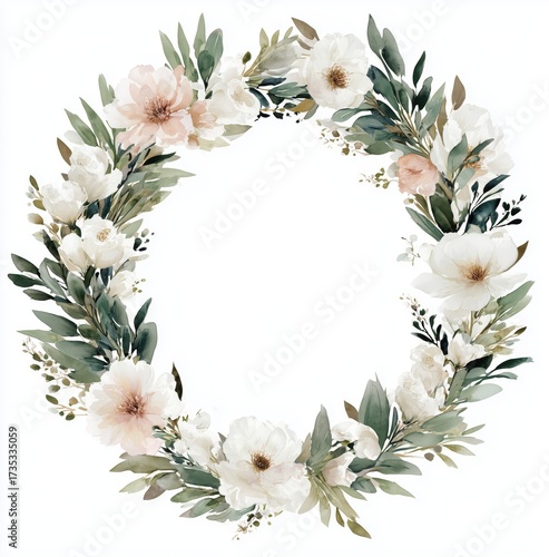 Beautiful white floral wreath with blush pink accents perfect for spring celebrations in a serene setting