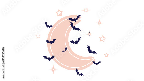 Moon and Bats: A charming illustration depicting a serene crescent moon, serenaded by playful silhouette of bats. perfect for adding a touch of spookiness to any creative project.
