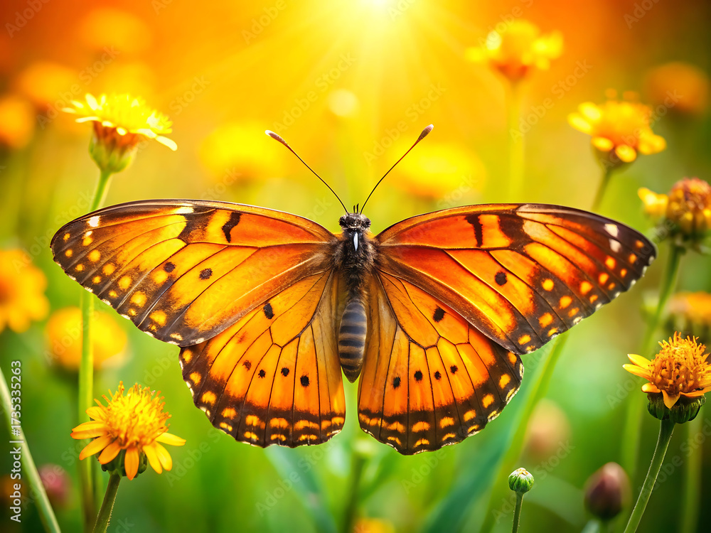 Obraz premium Closeup of a vibrant orange monarch butterfly with intricate wing patterns in a sunlit meadow of yellow flowers