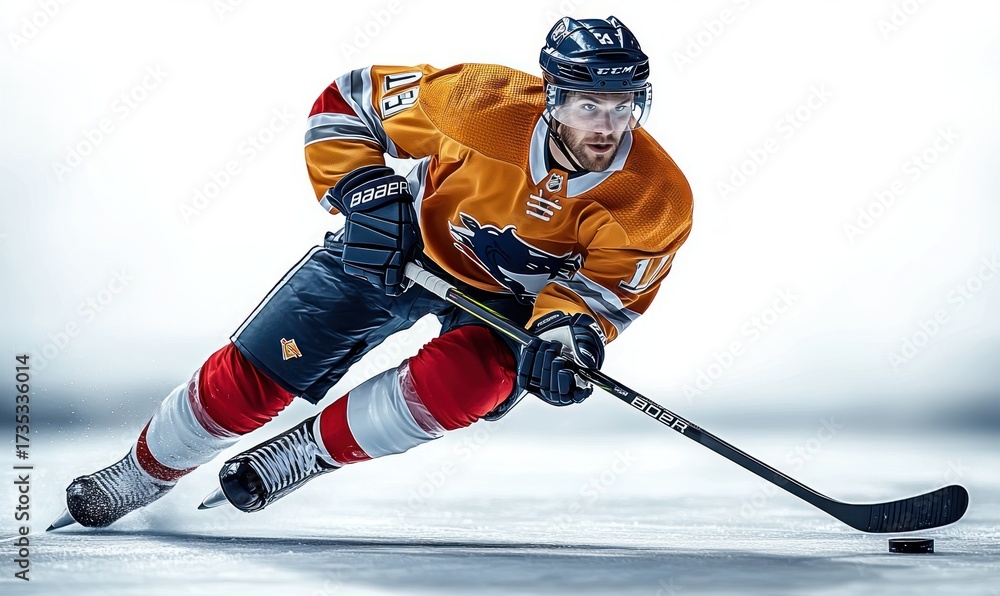 Obraz premium Male ice hockey player in orange and blue uniform skating quickly on ice with a hockey stick controlling the puck, focused and determined expression