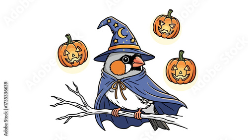 Hallowen Bird Witch : A charming illustration shows an unique and amusing halloween scene of a bird dressed as witch. It stands on a branch among carved pumpkins, a whimsical, friendly theme.