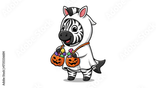 Halloween Zebra in Costume: A whimsical zebra, adorned in a Halloween costume, stands poised with two glowing jack-o'-lantern treat bags. This illustration is a fun interpretation of celebration.