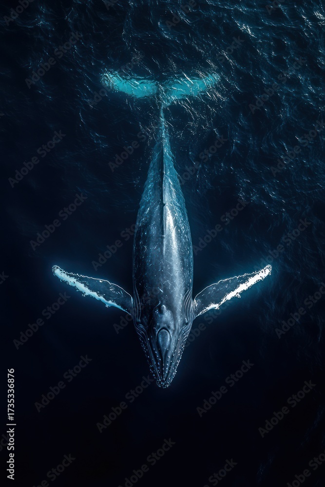 Naklejka premium A large whale swimming gracefully in deep blue ocean water viewed from above showcasing its detailed body and extended fins