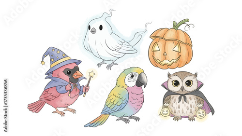 Halloween Fantasy Creatures: A captivating array of imaginative creatures, perfect for a spooky, themed celebration. A Cardinal with magic wand and hat. A ghostly dove.
