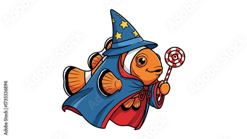 Enchanting Aquatic Magician: An adorable clownfish, adorned with a whimsical wizard's attire, holding a magical wand. This captivating illustration brings a touch of fantasy to the underwater world.
