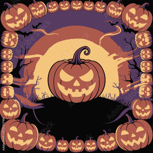 Spooky halloween jack o lanterns frame a mysterious full moon and silhouetted trees with bats flying
