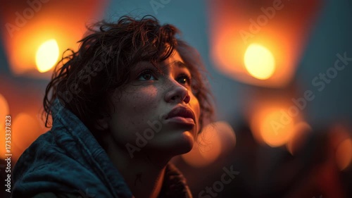 Young Person Gazing Upward in Dramatic Lighting at Dusk