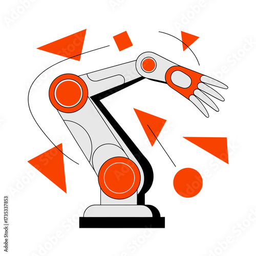 Advanced robotic arm system, automation machinery, red geometry, industrial engineering theme, smart factory process, manufacturing technology, vector illustration