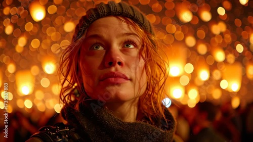 Woman Gazing at Floating Lanterns in a Magical Night Setting