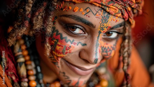 Vibrant Portrait of Woman with Colorful Traditional Face Paint