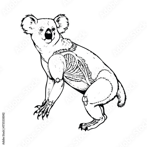 Technical Stipple Illustration of a Koala: Muscles and Bones Shown