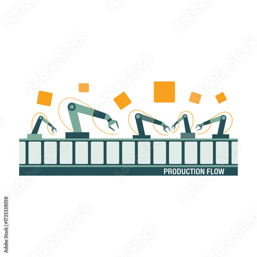Factory production flow, multiple robotic arms, conveyor belt system, automation process, industrial manufacturing scene, engineering infographic, vector design