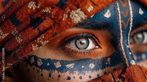 Close-Up Portrait of a Person with Colorful Face Paint and Headscarf