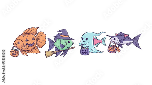Whimsical Halloween Fish: A captivating illustration showcasing a group of enchanting fish, whimsically adorned in Halloween attire, gracefully swimming against a plain backdrop.