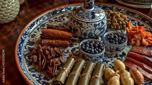 Exquisite Collection of Spices and Ingredients on Traditional Plate