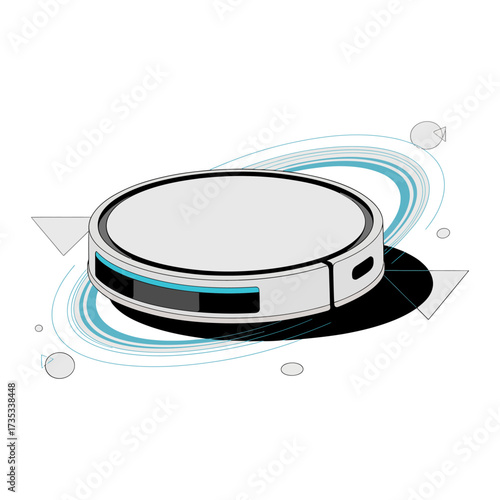 Smart robot vacuum cleaner, round floor sweeper, modern home appliance, autonomous cleaning technology, minimal illustration, futuristic gadget vector