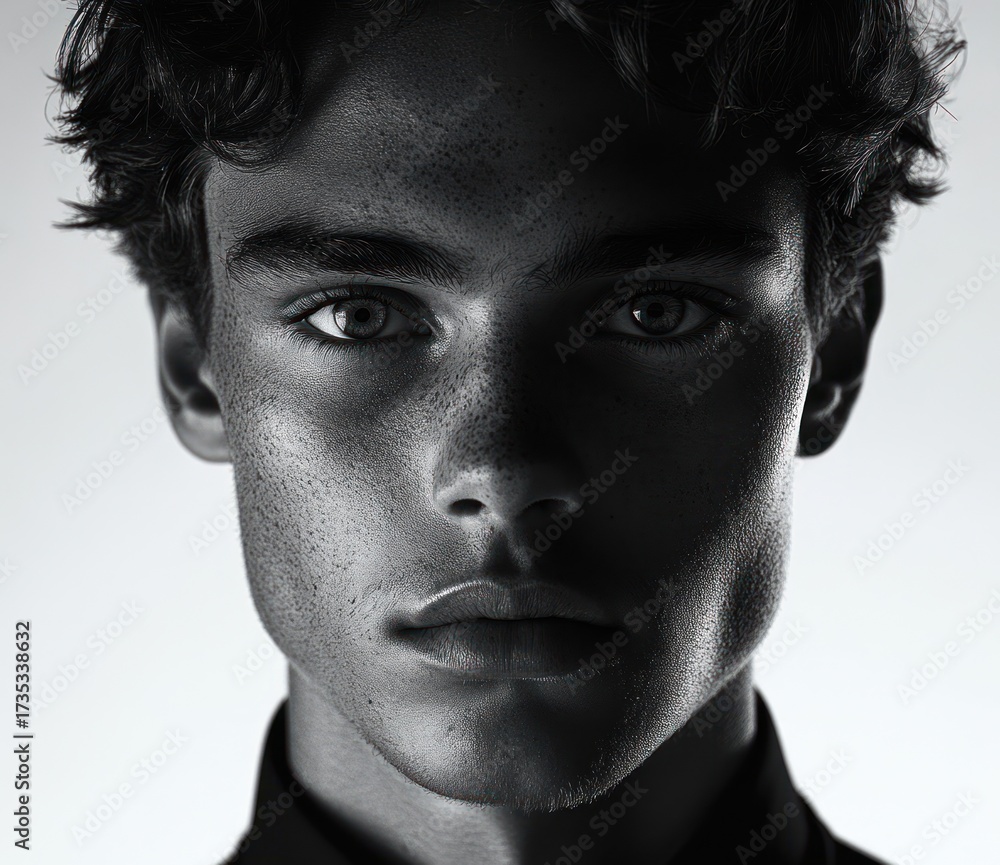 Obraz premium Close-up black and white portrait of a young man with curly hair and freckles, serious expression, dramatic lighting highlighting facial features