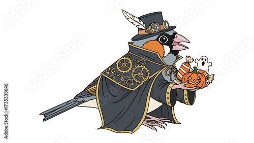 Steampunk Bird in Halloween: A whimsical and imaginative illustration of a steampunk bird, adorned with intricate gears and a top hat, holding a Halloween pumpkin and candy.