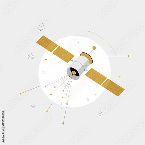 communication satellite icon, orbiting antenna panels, space technology emblem, global connection theme, aerospace engineering graphic, vector illustration