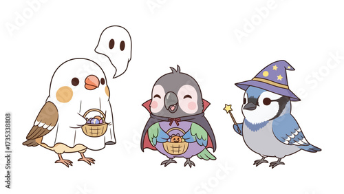 Halloween Birds Delight: Delightful illustration of three cute birds dressed in Halloween costumes, perfect for festive designs. 
