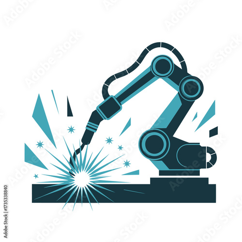 industrial robotic arm welding, sparks burst, factory automation concept, manufacturing technology, heavy duty manipulator, engineering illustration vector