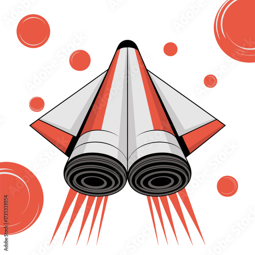 shuttle liftoff illustration, twin engine boosters, retro space poster style, circular elements, energetic launch scene, clean vector artwork