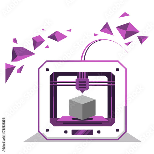 3D printer machine, additive manufacturing process, printing cube model, purple geometric shapes, modern fabrication technology, clean vector