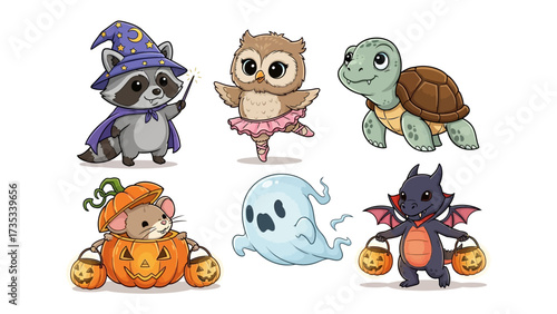 Halloween Characters: A whimsical collection of cute, cartoon Halloween characters, each with unique costumes and expressions, creating a fun and festive scene.