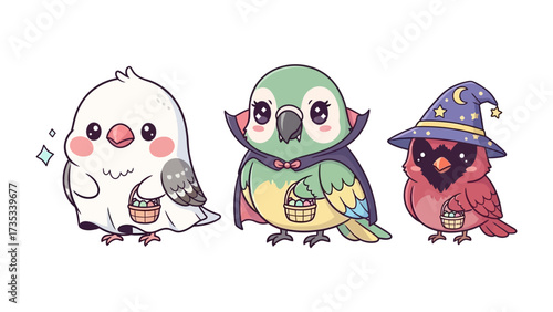 Charming Halloween Bird Trio: Three adorably cartoonish birds in festive costumes, preparing for trick-or-treating. capturing the adorable, playful, and spirited ambiance of Halloween.