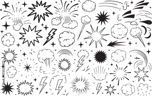 Comic explosion boom set featuring black and white pop art elements, speech bubbles, lightning, clouds, energy blasts, and action effects.