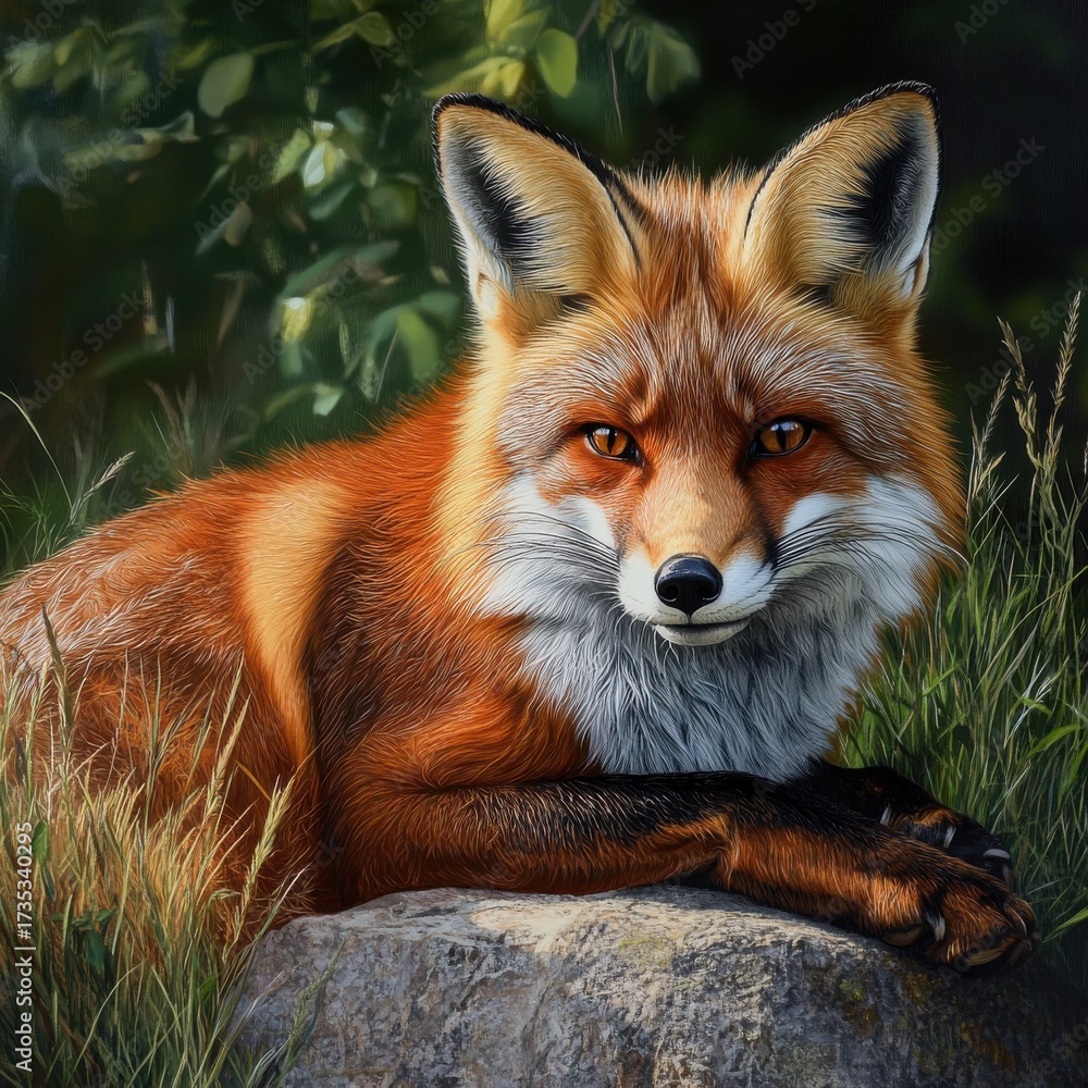 Fototapeta premium Fox resting on rock in serene forest during daytime