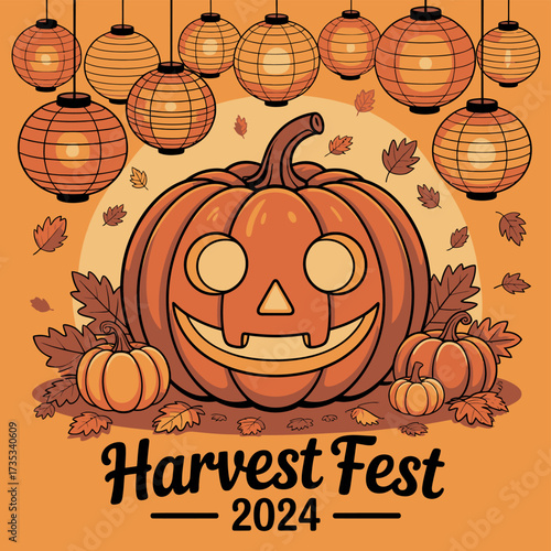 Spooky jack o lantern grinning amidst hanging lanterns and falling leaves for harvest fest 2024 celebration