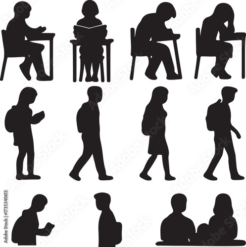 Diverse student silhouettes engaged in learning and movement, representing education and growth