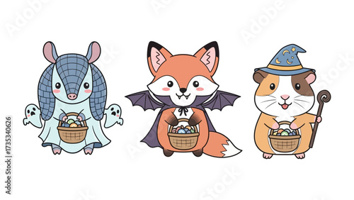 Halloween animal friends: Charming cartoon illustrations of three dressed up friends holding easter baskets. A fun and festive scene showcasing animals ready for Halloween fun.