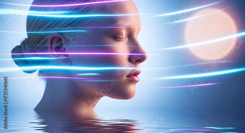 Mindful Embrace: A serene woman with closed eyes, beams of light reflecting the inner workings of mind, symbolizing focus, peace, and meditation.