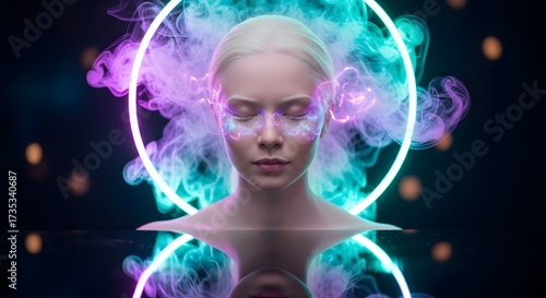 Enlightened Aura: A captivating portrait of serene woman is enveloped in an ethereal aura, illuminated by a halo of vibrant neon light and swirling smoke.