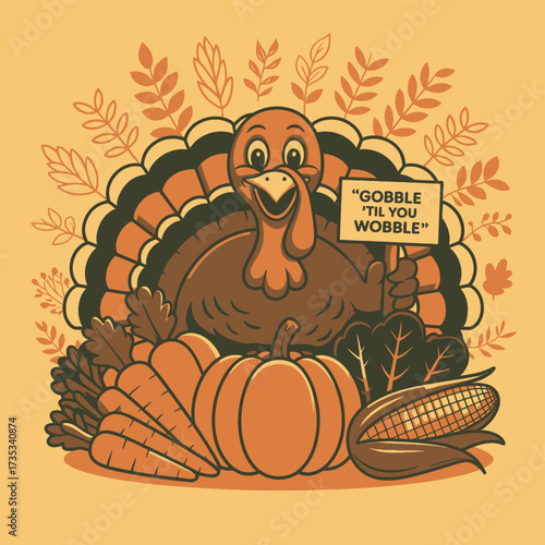 A cheerful cartoon turkey holds a sign saying gobble til you wobble surrounded by autumn harvest vegetables and leaves