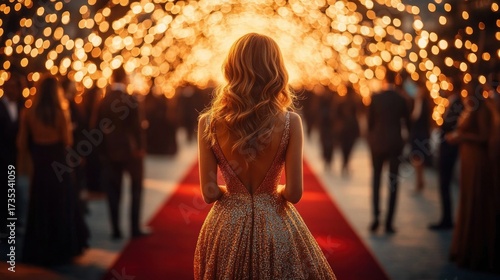 Woman in sparkling gown walking down a red carpet under warm glowing lights with blurred crowd surrounding