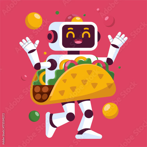 Happy robot dancing with taco, confetti shapes background, joyful party vibe, cute food character, vibrant vector