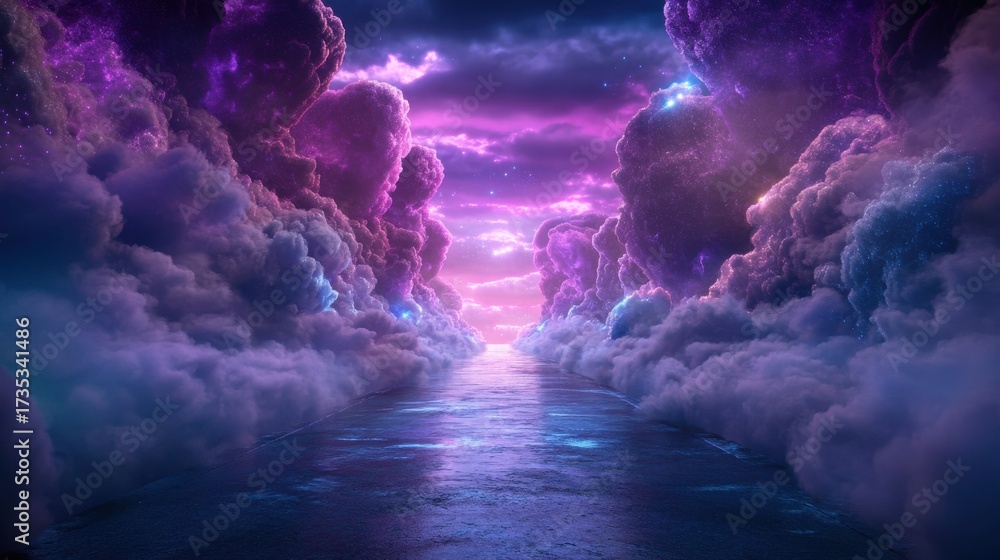 Naklejka premium Luminous purple and blue clouds over a surreal night road