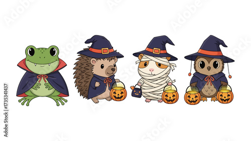 Whimsical Halloween Friends: A delightful quartet of costumed creatures – a frog, a hedgehog, a guinea pig, and an owl – dressed in festive attire.