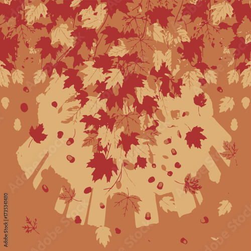 A stylized illustration of falling maple leaves and acorns in warm autumnal tones creating a festive seasonal backdrop