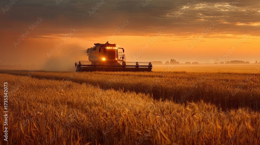 Naklejka premium A combine harvester operates at sunset in a golden wheat field, showcasing agricultural life and productivity.