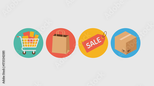 Four flat design icons representing online shopping retail sales and shipping for e commerce and business