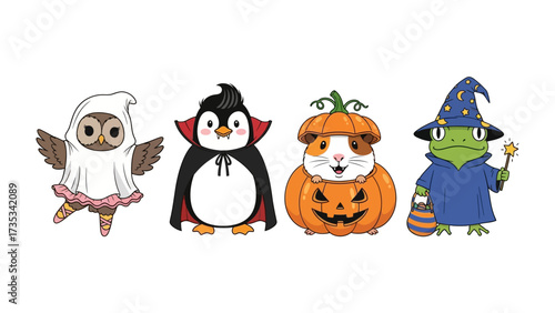 Whimsical Halloween Costumes: A delightful collection of playful animal characters dressed in charming and creative Halloween costumes, radiating an aura of childlike innocence and festive mirth.