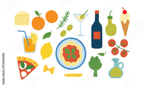 Italian Food Icons Set Pizza, Pasta, Citrus, Olives Flat Vector Illustration, Mediterranean food collection. Healthy ingredients. Illustrations of traditional products are easily editable.