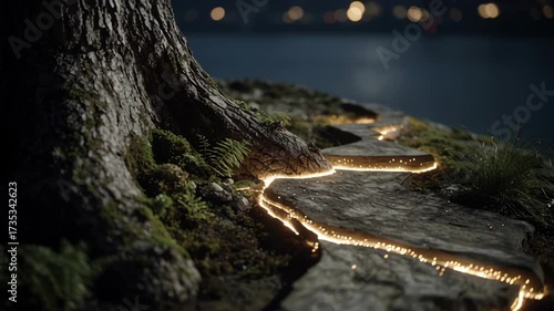 Enchanted Pathway with Glowing Stones Beside a Majestic Tree
